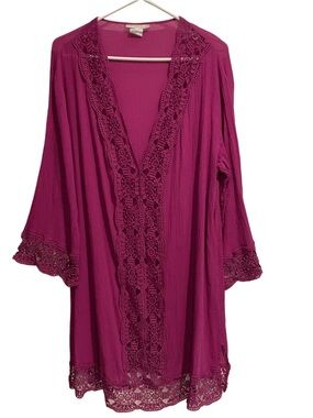 La Blanca Cover Up Tunic Top Crochet Trim Fuchsia Pink